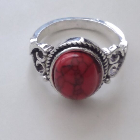 Ring Turquoise Red Inlaid Silver Sz 9 Boho Native Stone Trendy Stlish Southwest - Picture 2 of 2